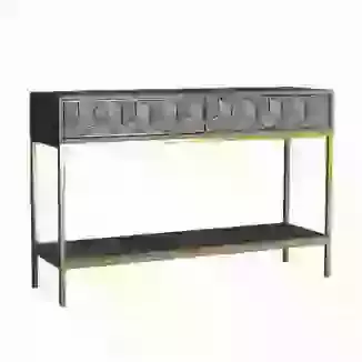 Grey Wash Mango Wood Console Table with Drawers, Shelf and Gold Legs